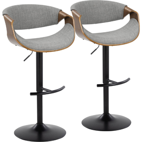 Curvo Adjustable Swivel Bar Stool in Black Metal, Walnut Wood & Light Grey Fabric (Set of 2)